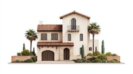 Elegant Mediterranean Style House with Lush Greenery and Terracotta Roof Design