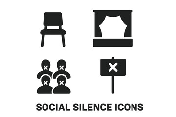Social silence and censorship vector icon set. Glyph symbols for protest, no-platforming, and social issues. Includes empty chair, vacant stage, muted crowd, cancel sign.