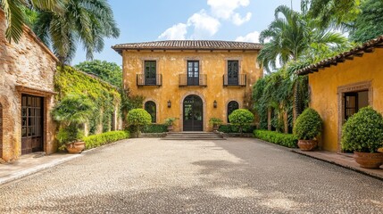 Fototapeta premium Charming Mediterranean Villa Surrounded by Lush Greenery and Serene Pathway