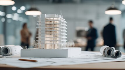 Detailed scale model of a modern high-rise building with architectural plans and blueprints in an office setting