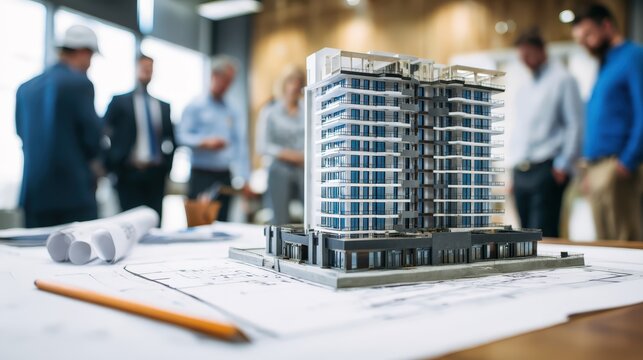 Modern high-rise building under construction with architects and engineers inspecting plans in a busy urban environment