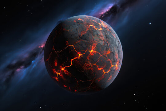 Volcanic planet with glowing cracks in deep space with nebula - Powered by Adobe