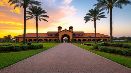 Beautiful Sunset Over Stately Architecture Surrounded by Lush Greenery and Palm Trees