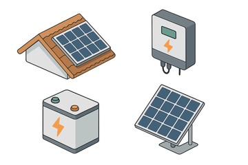 Isometric solar panel installation icon set. Rooftop panel, battery storage, and inverter vector icons. Renewable green energy, sustainable technology, photovoltaic system concept.