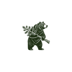 Fototapeta premium Engraving logo of a powerful bear carrying a tree branch. Vintage black and white illustration with natural details, perfect for wildlife, forest