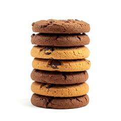 A stack of chocolate chip cookies, alternating light and dark, isolated on a white background.