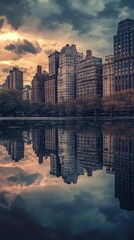 Naklejka premium City skyline reflected in a tranquil pond at sunset