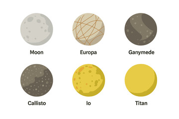 Solar System moons icon set. Flat vector illustration of major satellites: Moon, Europa, Ganymede, Callisto, Io, Titan. Astronomy and space exploration concept graphics.