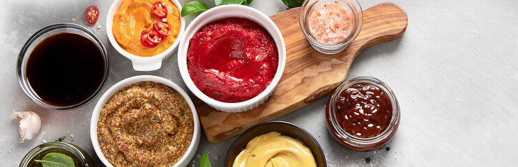 Set of various sauces in bowls