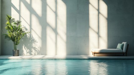 Serene Indoor Pool with Sunlight Shadows and Lush Tropical Plant Near Cozy Lounge Chair