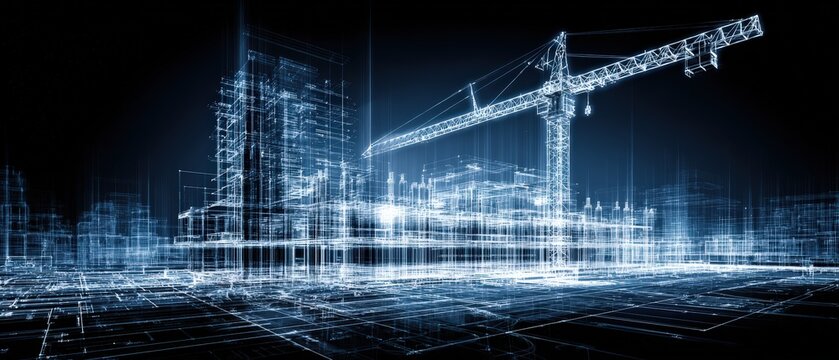 detailed digital blueprint of construction site with crane and buildings in futuristic wireframe style