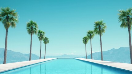Serene Infinity Pool Surrounded by Palm Trees and Mountains Under Clear Blue Sky