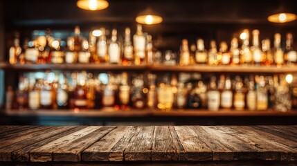 Wide shot of a cozy bar interior with shelves full of bottles illuminated by warm lighting and a wooden counter