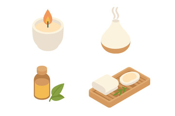 Spa bathroom icons isometric flat icon set. Spa-like ambiance with scented candle, essential oil diffuser, bamboo tray. Wellness, relaxation and self-care vector concept.