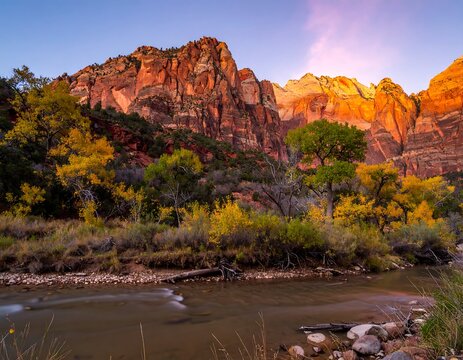 Zion National Park Autumn Landscape with Virgin River and Golden Cliffs. - Powered by Adobe