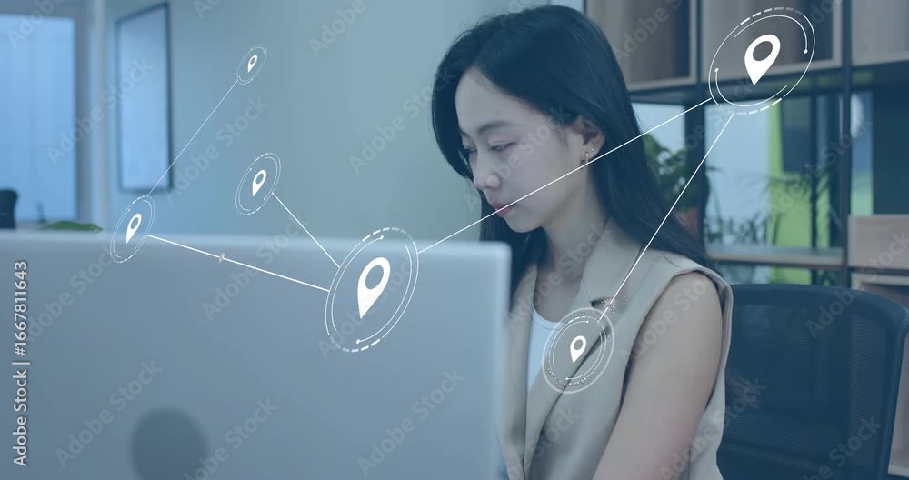 Poster Tech worker leaning over laptop at desk and activating location icon branching into network mapping