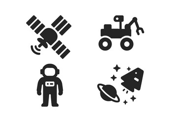 Space mission solid glyph icon set. Vector symbols of space exploration, satellite, planet rover, astronaut, spaceship, rocket, and galaxy. Science and technology concept.