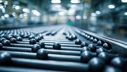 Obraz premium Metal balls move along a conveyor belt in a bright industrial setting