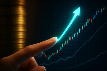 Finger pointing at upward trending stock market graph with glowing arrow finance growth