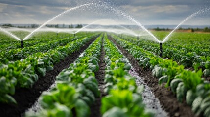 Large field of vegetable crops being watered by sprinklers  