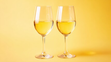 Two elegant wine glasses filled with white wine placed side by side on yellow background for celebration or tasting