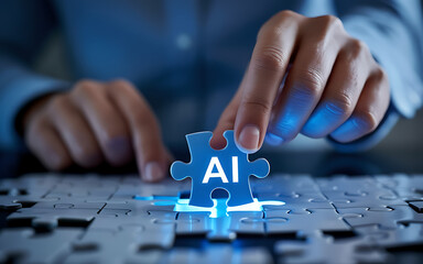 Ai integration concept with puzzle pieces and human hand adding