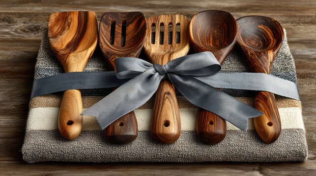 Wooden cooking utensils bundled with ribbon on a striped towel