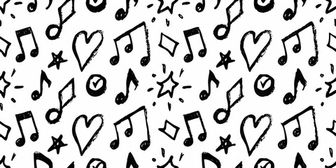Hand Drawn Doodle Seamless Pattern with Music Notes Hearts Stars and Checks