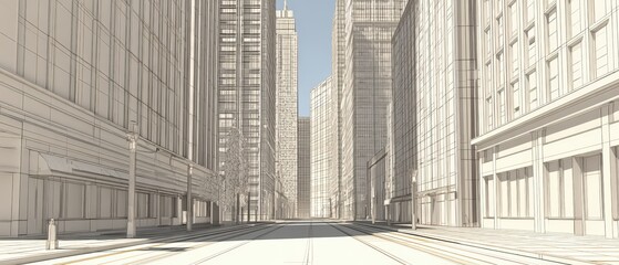 Fototapeta premium Empty city street in a modern downtown with tall skyscrapers and clear sky on a sunny day