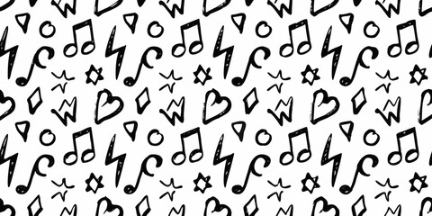 Hand Drawn Black and White Doodle Pattern with Music Hearts and Stars