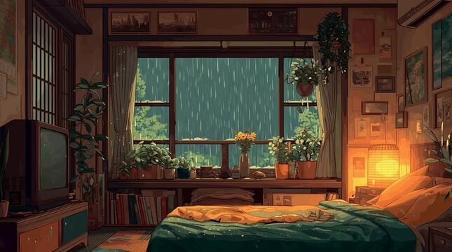 A cartoon-style room with rain falling outside the window.