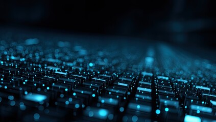 Close-up of a glowing, patterned surface, appearing like a dense, high-tech circuit board