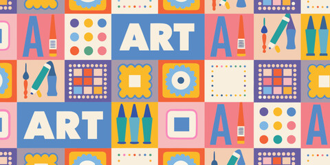 Colorful Art Supplies and Shapes Pattern Background with Letters and Geometric Elements