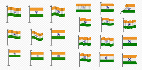 Collection of Indian flags in various positions and states of motion.