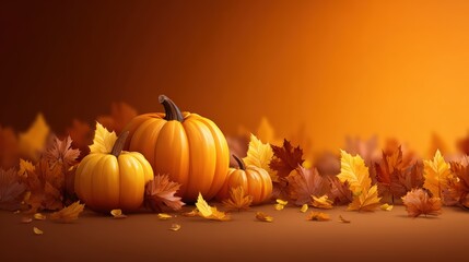 Autumn pumpkins decorated with fall leaves on warm orange background for seasonal harvest celebration