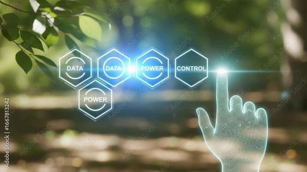 Poster digital hand interacting with data power control icons in a natural green environment setting