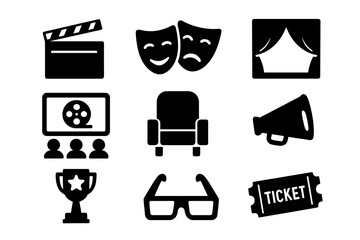 Theater and Cinema Icon Set, Film Performance Entertainment Symbols, Movie Reel, Drama Masks, Stage Curtain, Audience, Seat, Megaphone, Award Trophy, 3D Glasses and Ticket Vector Collection
