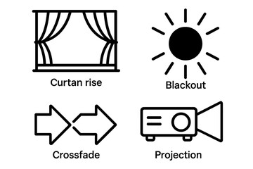 Stage transition icons set with outline style including curtain rise, blackout, crossfade, and projection symbols for theater and performance design vector illustration