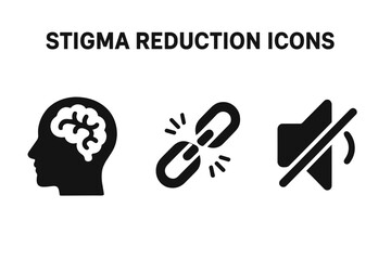 Stigma reduction icons set, solid filled vector illustrations including open mind with brain, broken chain link, and muted speaker symbol for mental health awareness and silence break