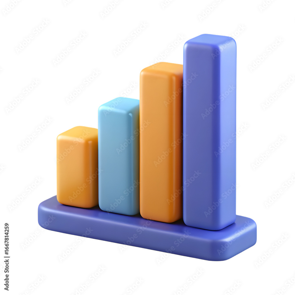Poster 3d bar chart showing growth and data trends with colorful plastic bars on a black background transpa