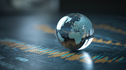 Glass globe world map financial chart data business technology global economy digital transparent futuristic innovation finance investment