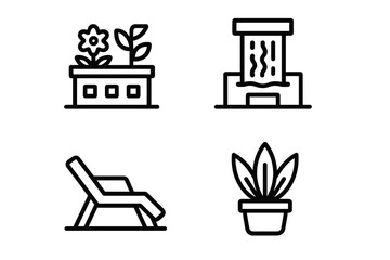 Urban rooftop icons set with waterfall feature, rooftop garden with flower and leaves, lounge chair, potted plant, vector outline illustrations for city lifestyle and outdoor relaxation