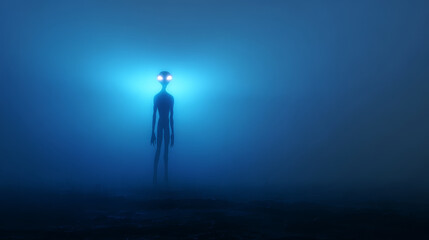 Alien silhouette glowing eyes blue light mysterious night foggy extraterrestrial eerie science fiction fantasy
