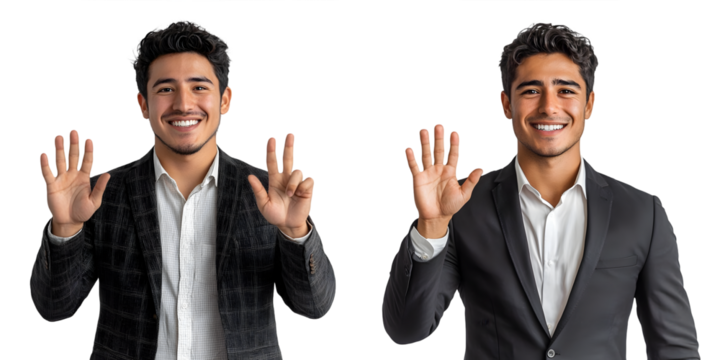 Young Hispanic businessman smiling cheerful showing number five with fingers isolated on a transparent background