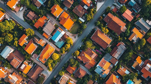 High-angle view of residential neighborhood.  Rooftops, streets, and trees fill the frame