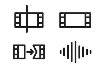Video Editing Icons Set. Outline vector illustrations of video timeline playhead marker, clip segment, transition arrow, and audio waveform elements for media projects