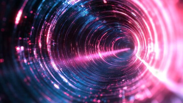 Sharp circular lines distorted with glitch effects, pixelated at points to create a digital, futuristic background