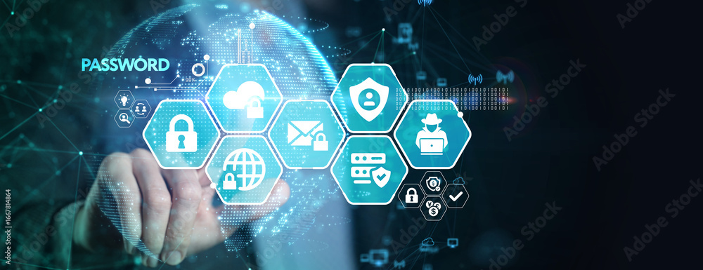 Aufkleber password to access personal user data, cybersecurity concept.