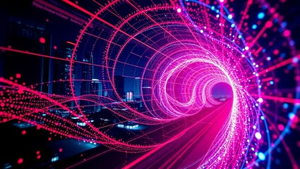Futuristic Digital Tunnel with Pink and Blue Light Trails