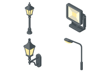 Isometric Street Lighting Icons Set &ndash; Flat Vector Illustrations of Classic Lamppost, Decorative Lantern, Floodlight, and Modern Overhead Street Light for Urban Design